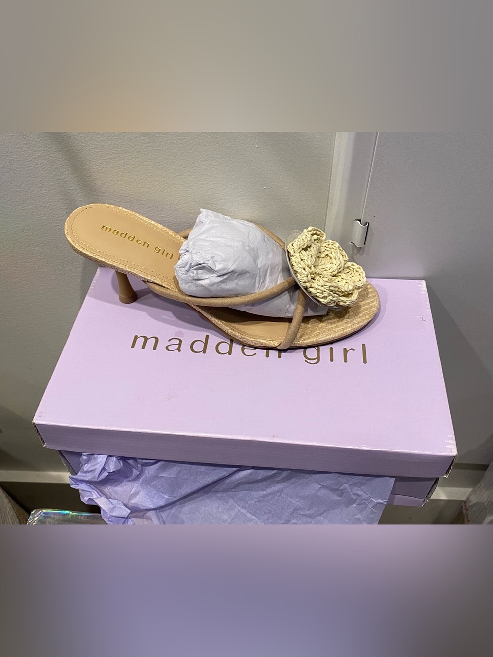 Madden Girl Tan Crochet Floral Kitten-Heel Mule
